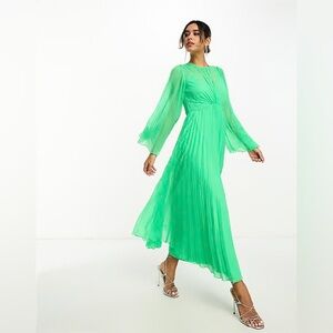 ASOS DESIGN Electric Neon Green Pleated Midi Dress Fluted Sleeve Size 12 US